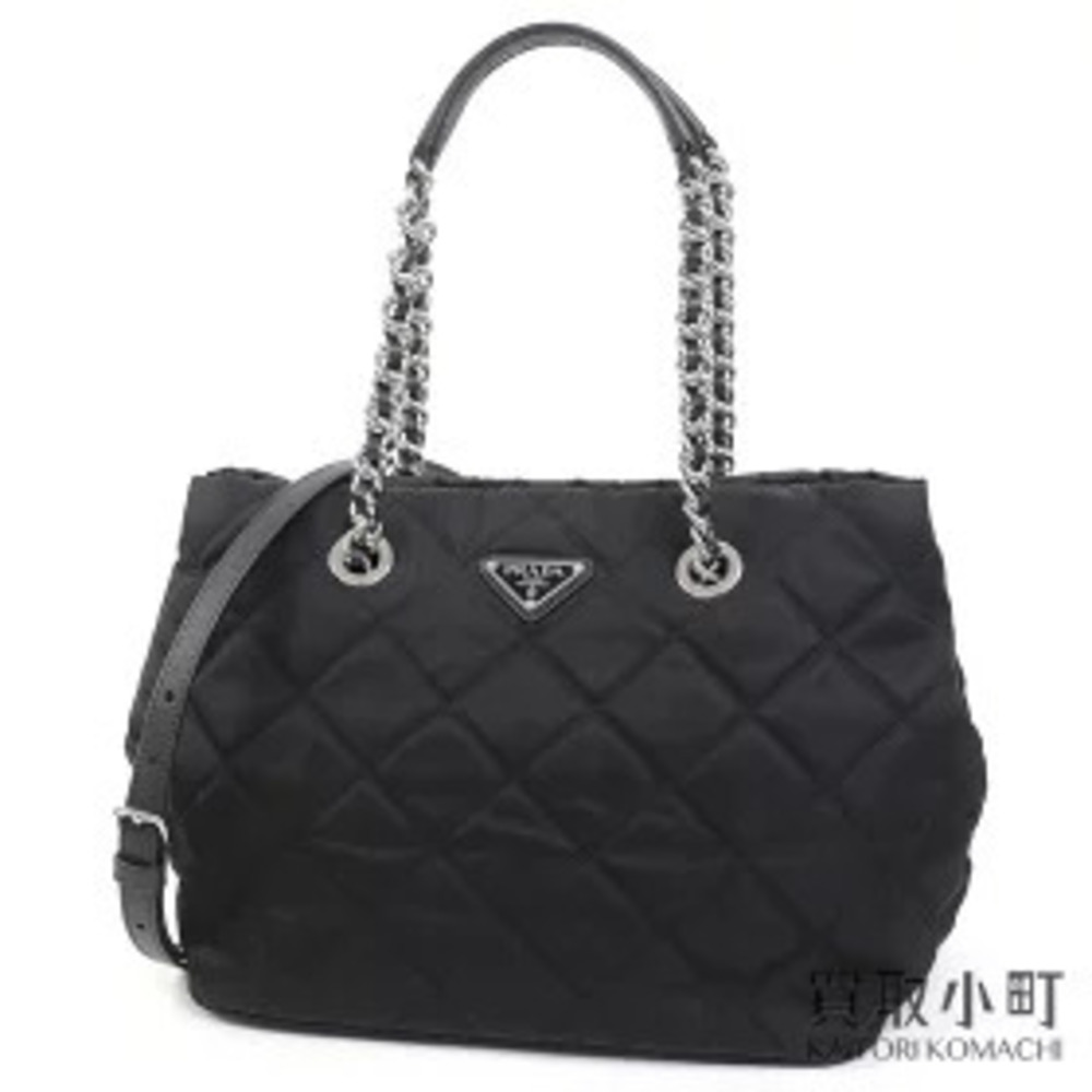 Prada Tessuto Triangle Quilted Chain Tote Bag Black Shoulder